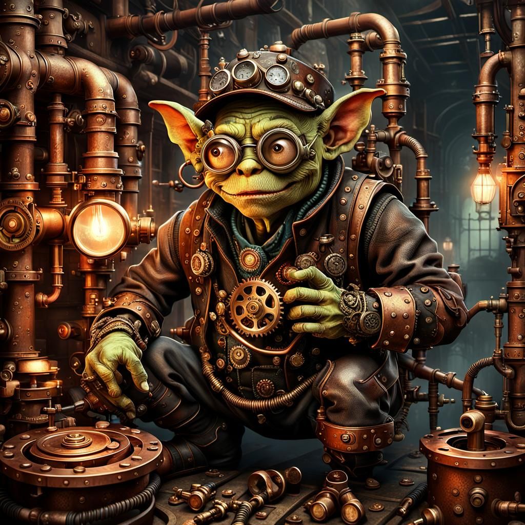 Steampunk Goblin Plumber Amidst Victorian-Era Architecture