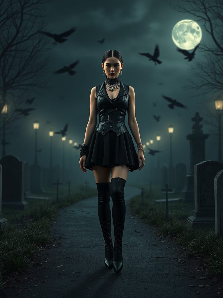 Cyberpunk Goth Biker Ballerina in Abandoned Cemetery