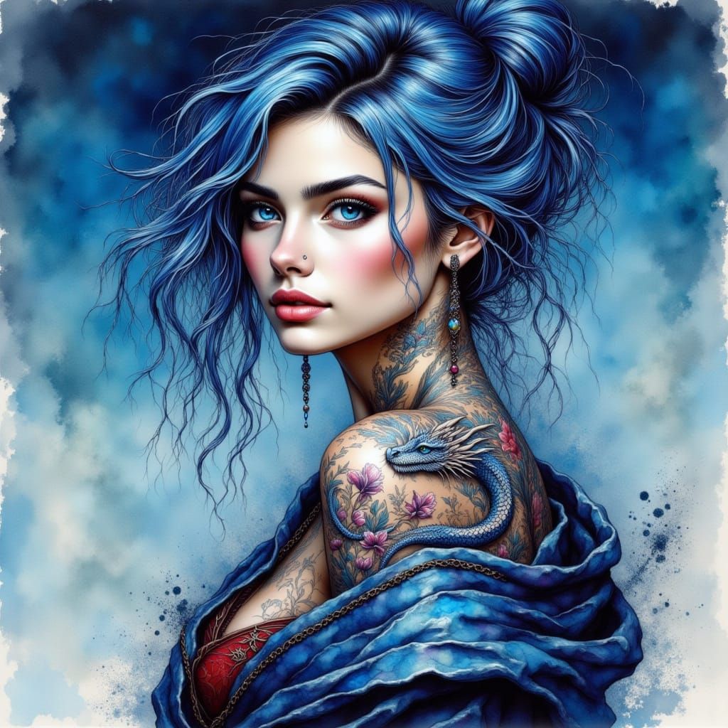 Woman with Dragon Tattoos in Ink Illustration Style