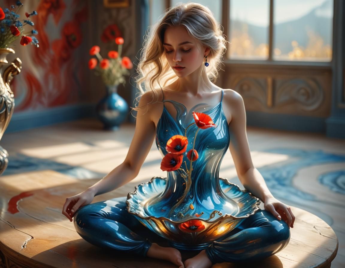 Ethereal Beauty Rises from a Sparkling Blue Vase in Dreamlik...