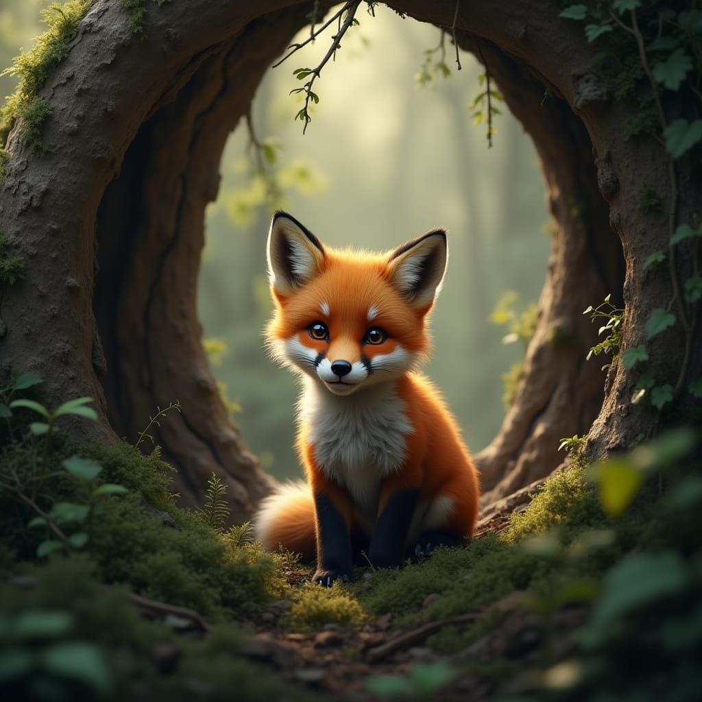 Vibrant Baby Fox Awakens in a Weathered Hollow Tree