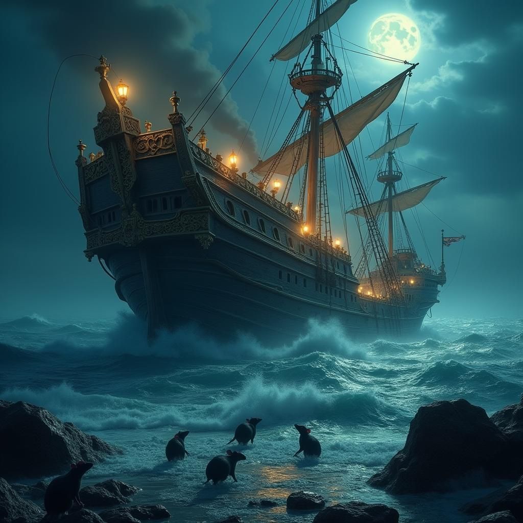 Rats Flee Majestic Sinking Vessel in Haunting Fantasy Scene