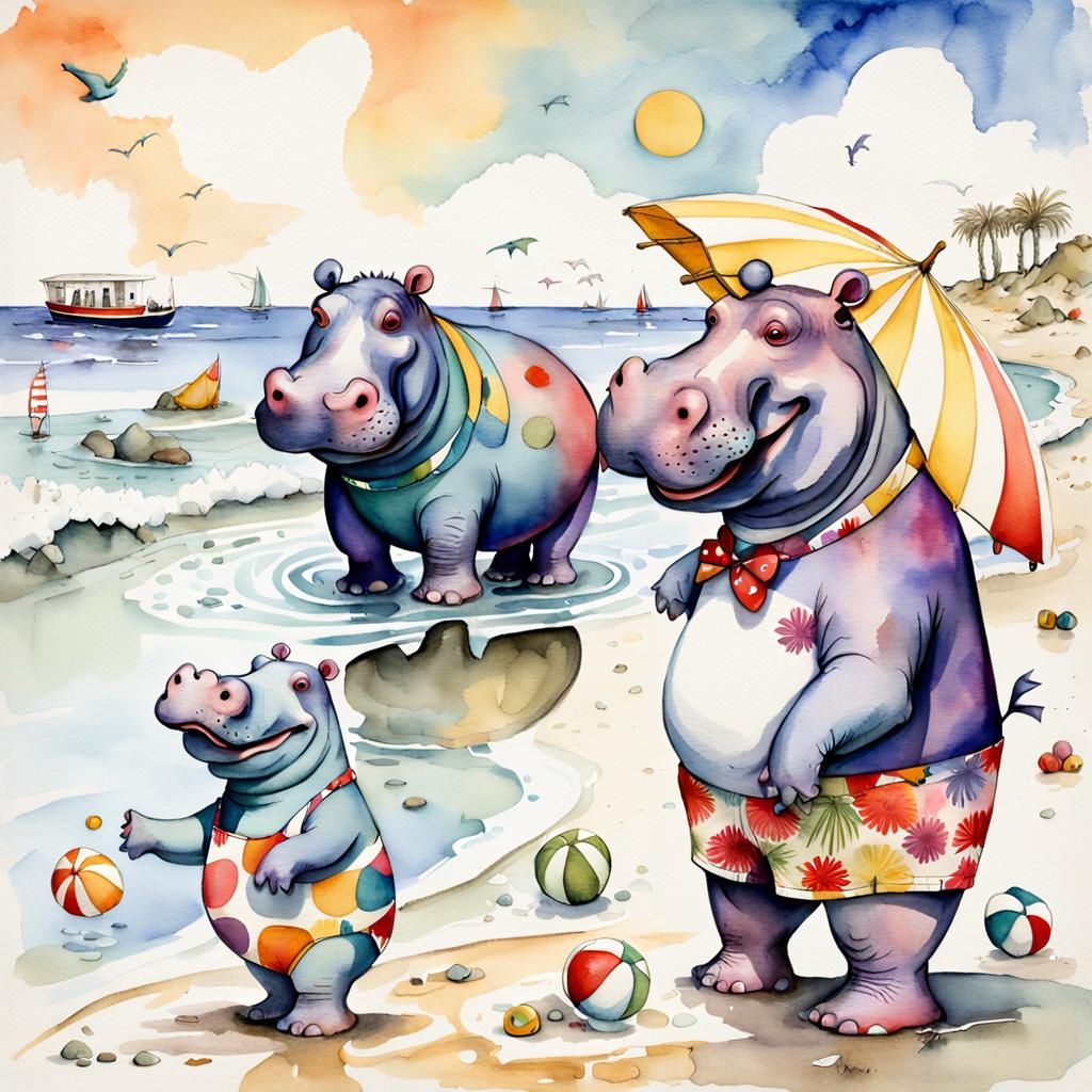 Vibrant Chibified Hippos Frolic on Beach in Whimsical Illust...