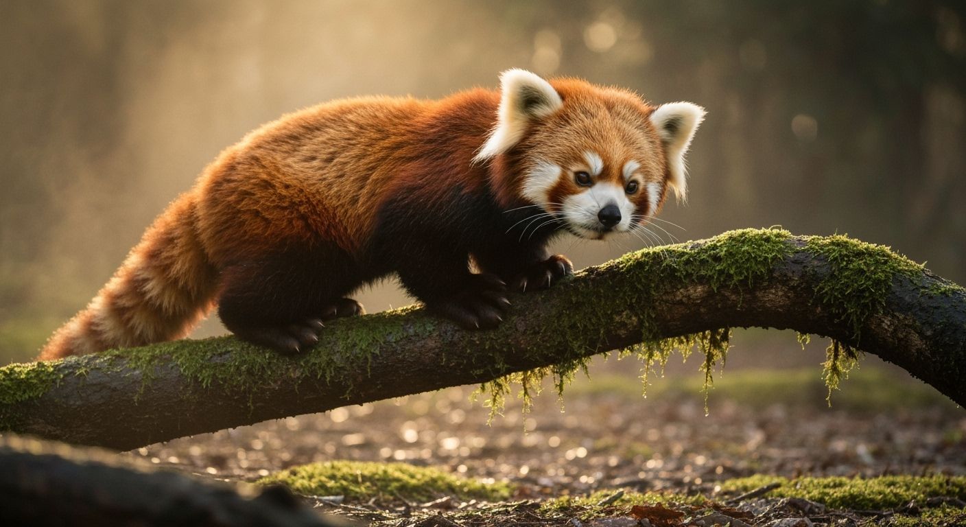 Red Panda on Mossy Branch in Golden Hour Misty Forest