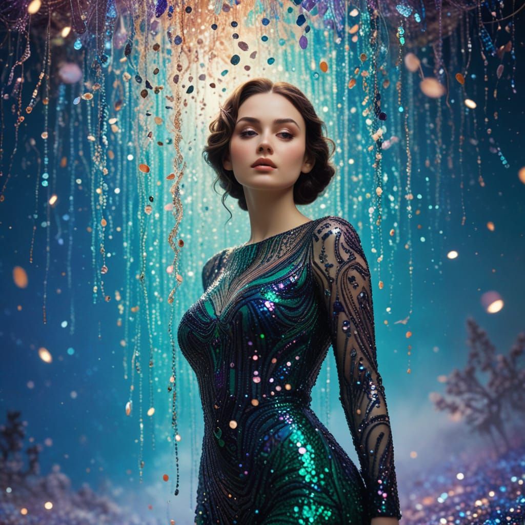 Surrealist Whimsy: A Woman Amidst Emerald Sequins