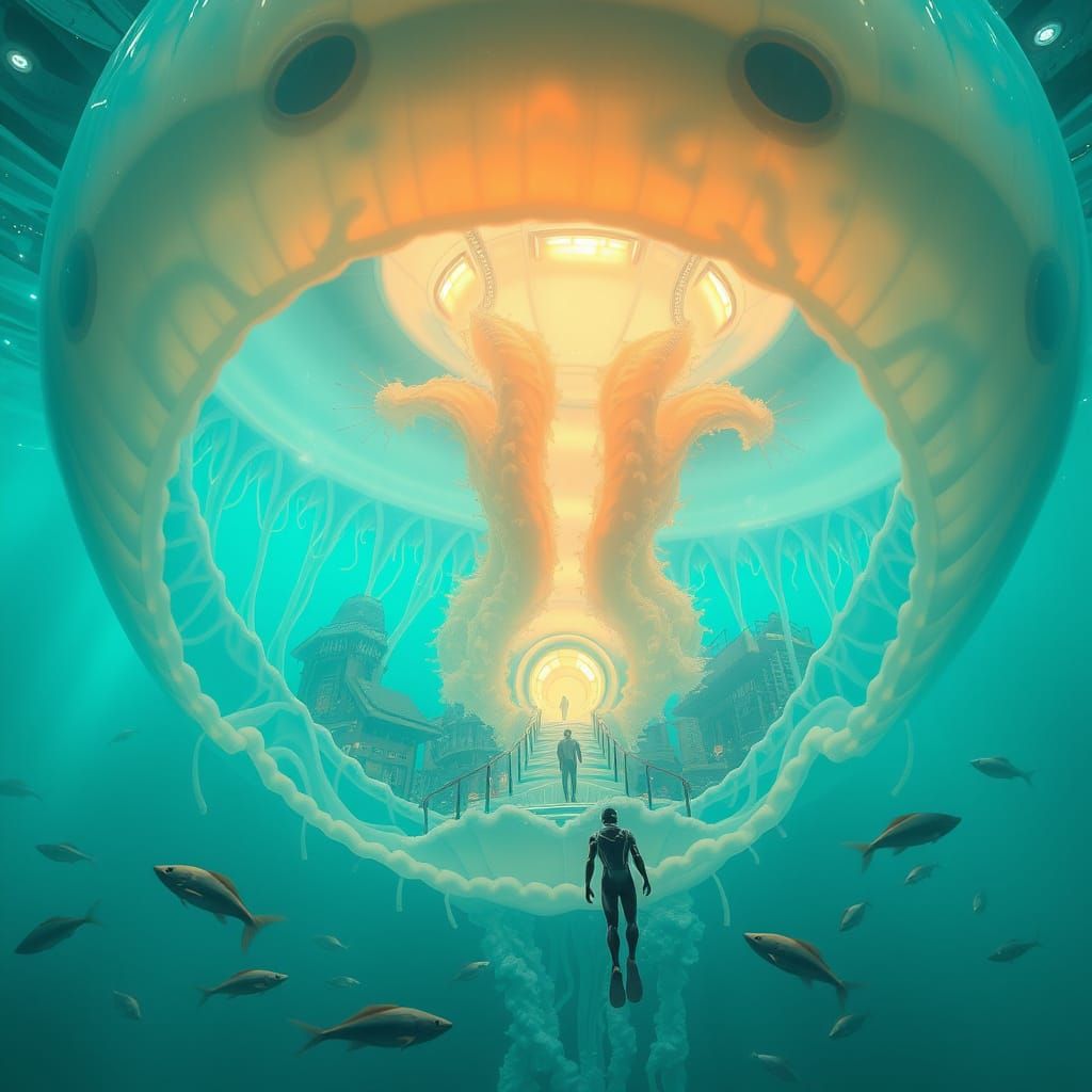 Futuristic Underwater City Inside Bioluminescent Jellyfish