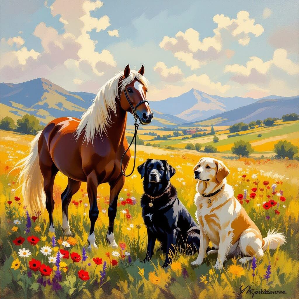 Majestic Stallion with Dogs in Sunlit Meadow