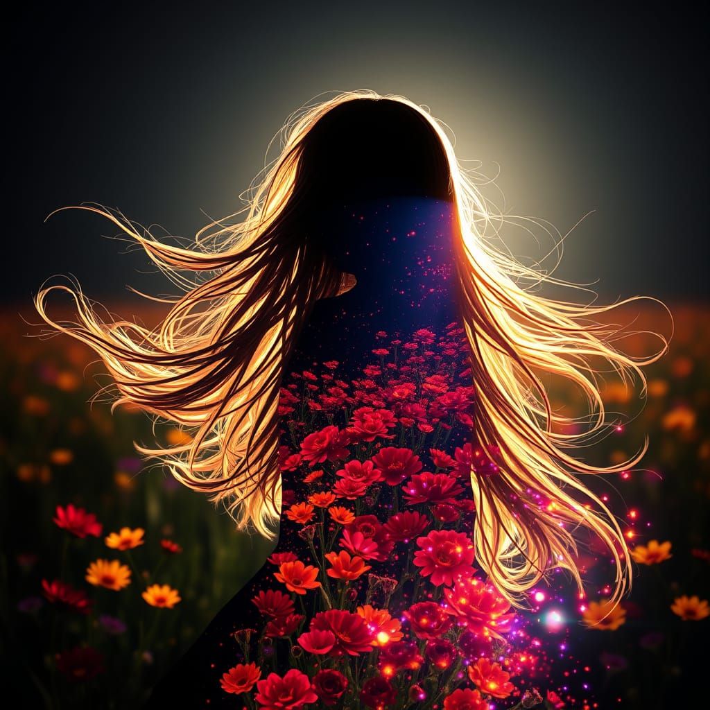 Ethereal Double Exposure Masterpiece with Glowing Floral Mea...