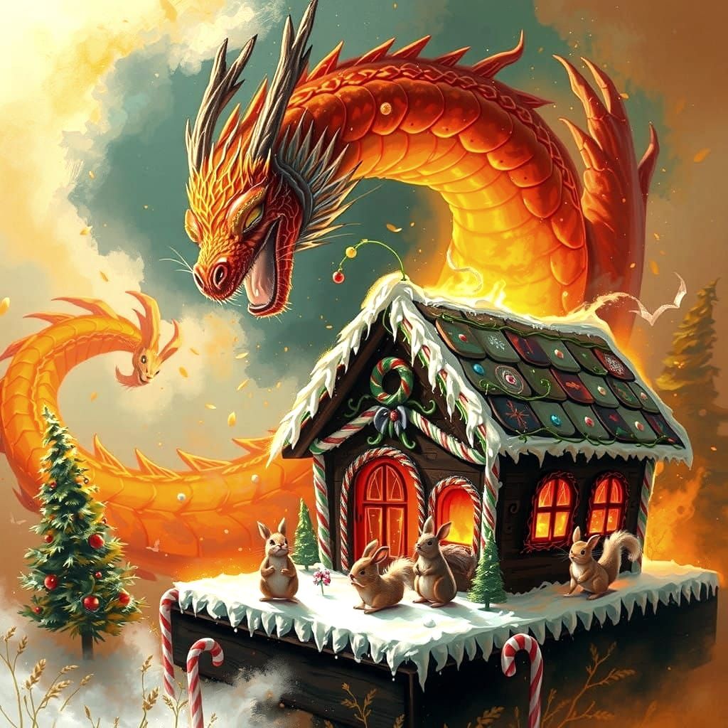 Dreamy Forest Dragon Consumes Whimsical Gingerbread Mansion