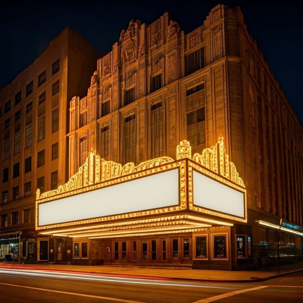 Golden Age Art Deco Theater with Twinkling Marquee