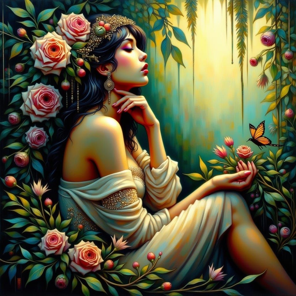 Romantic Goth Woman in Serene Nature Scene