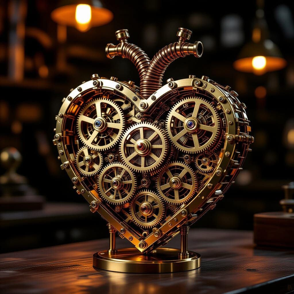 Steampunk Clockwork Heart in Dimly Lit Workshop