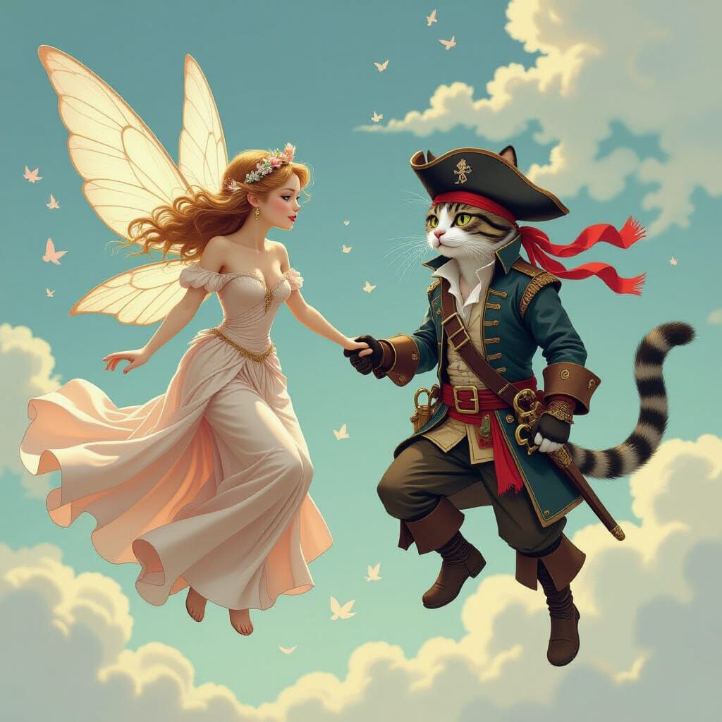 Fairy and Pirate Cat in Dreamy Fantasy Style