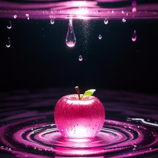 Transparent Pink Apple Surrounded by Water Droplets