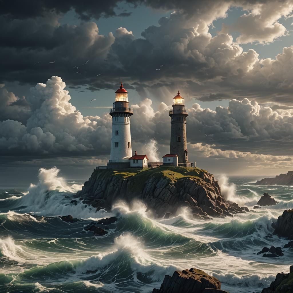 Majestic Lighthouse Amidst Turbulent Ocean in Cinematic Volu...