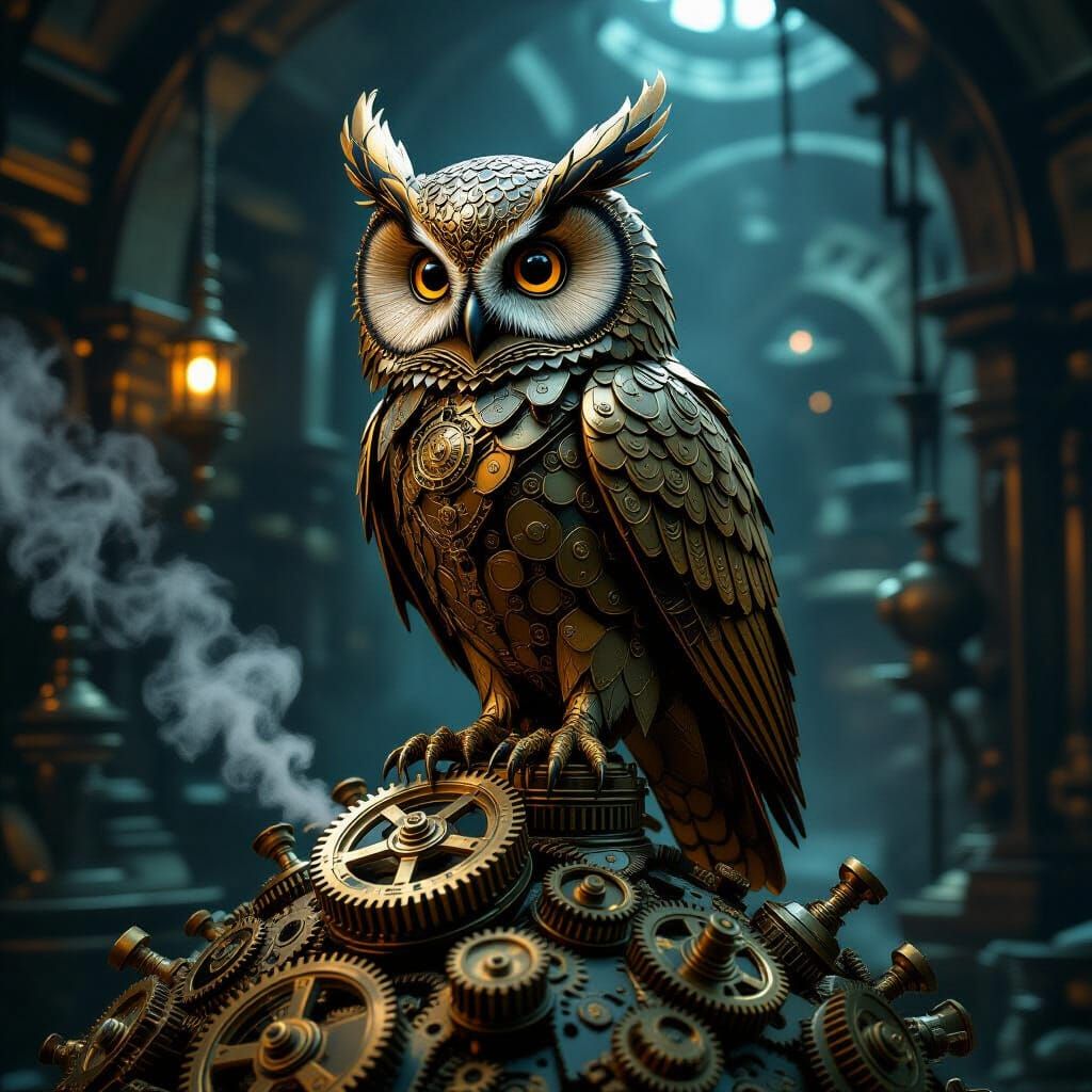 Clockwork Owl on Gears: Steampunk Fantasy Art