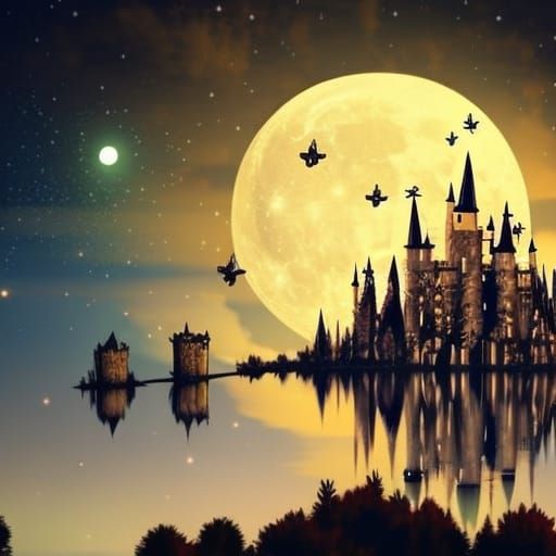 Ethereal Castle Illuminated Under a Full Moon