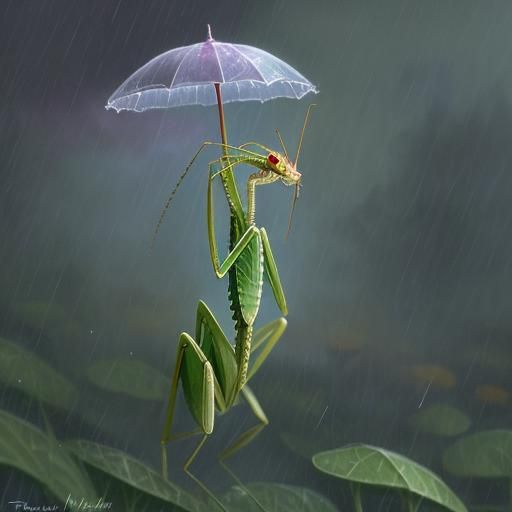 Ethereal Fantasy Mantis in Rainy Splendor