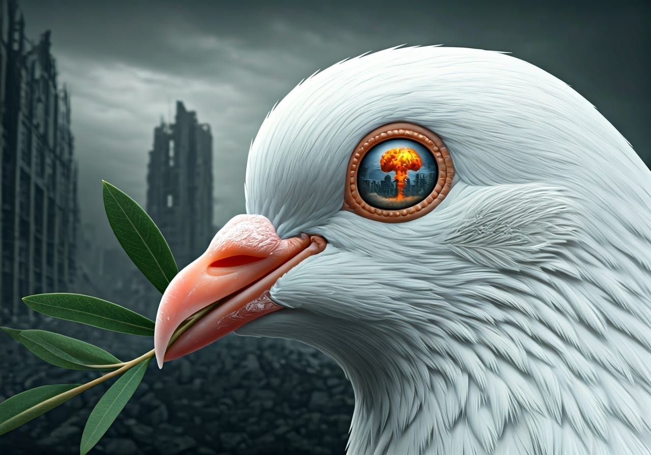 Cyberpunk White Dove with Nuclear Explosion Reflection