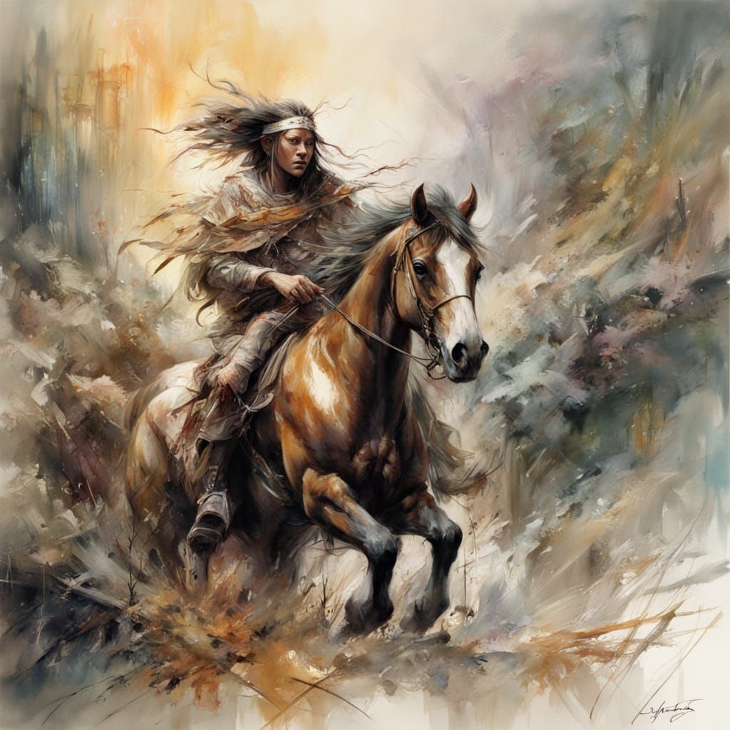 Watercolor - Out of the creek, at a gallop.