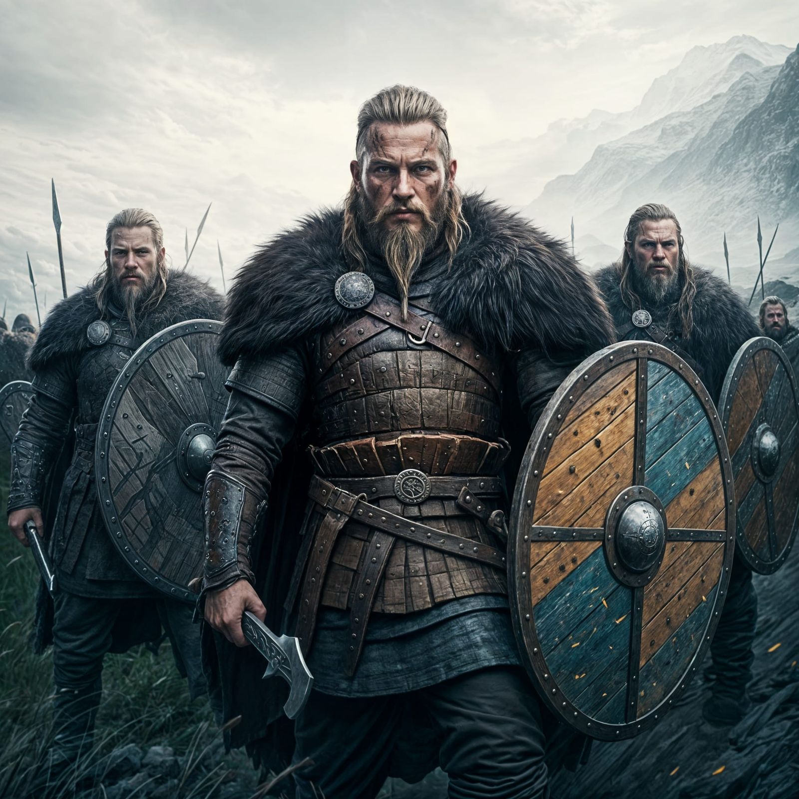 Viking Warriors Stand United in Shield Wall Formation