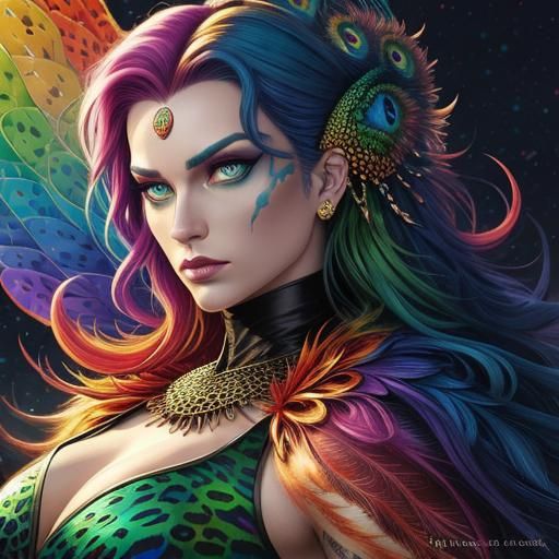 Surreal Goddess in Vibrant Rainbow Scales and Exotic Hair