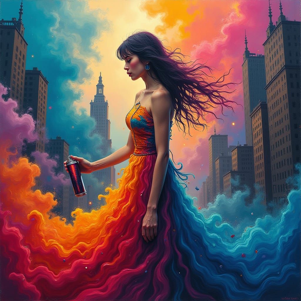 Dreamlike City Goddess in Vibrant, Cosmic Splendor