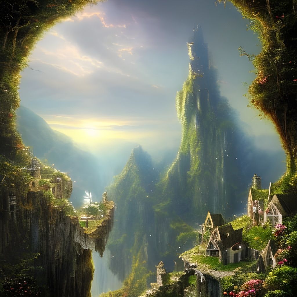 Glass Castle Village on Mountaintop, Digital Matte Painting