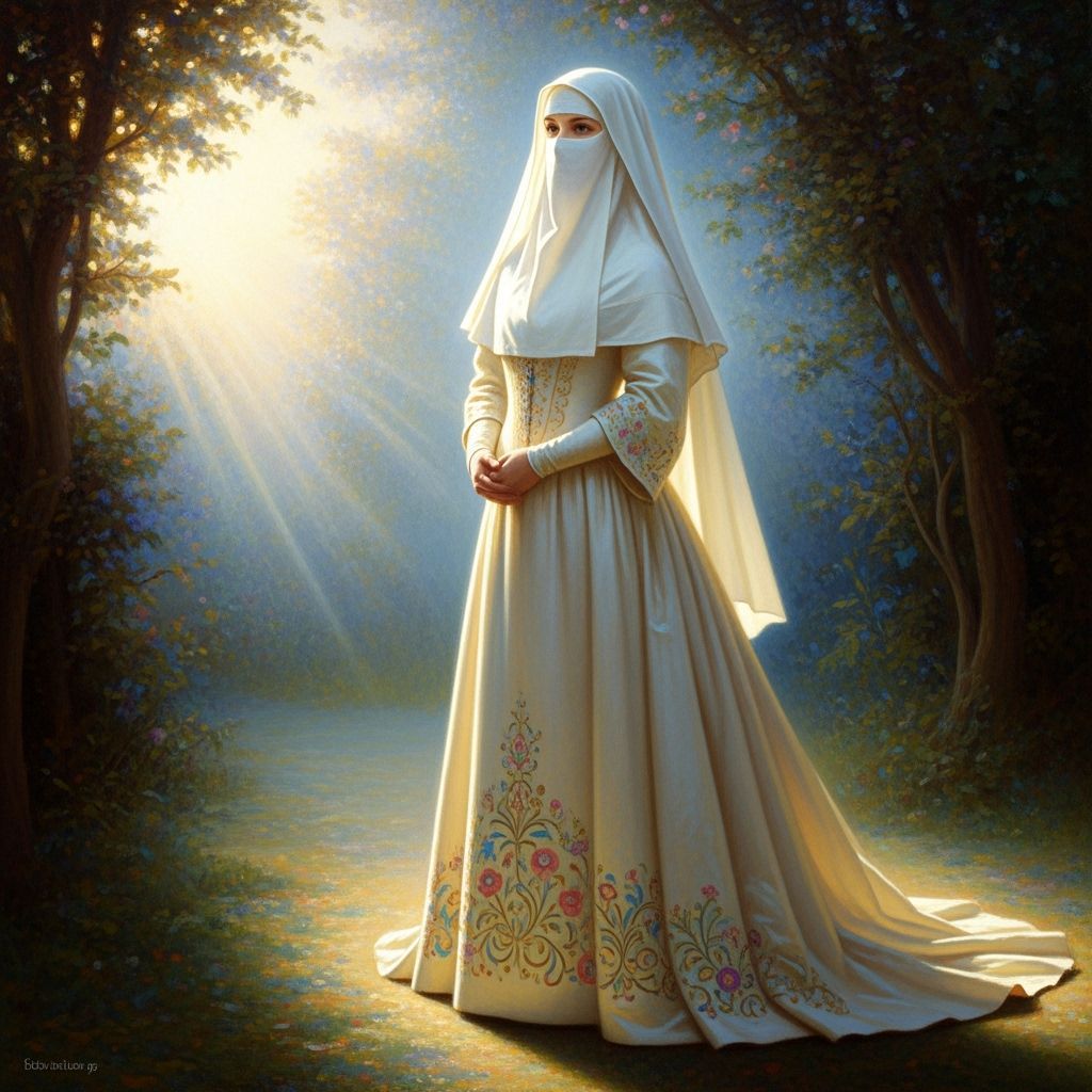 Christian Woman in White Niqab and Ball Gown in Dawn Light