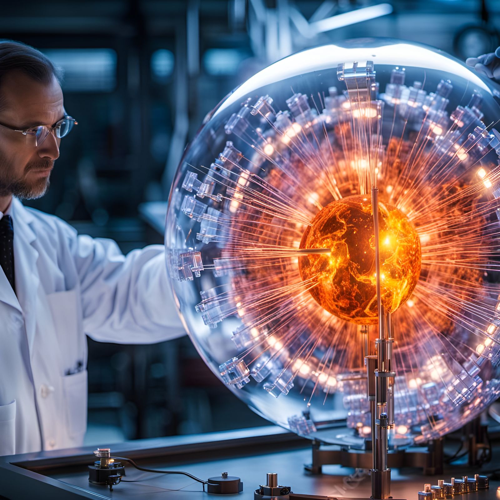 COLD FUSION, CLEAN ENERY FOR ALL. Scientist in CERN laboratory observing the dramatic cold fusion reaction