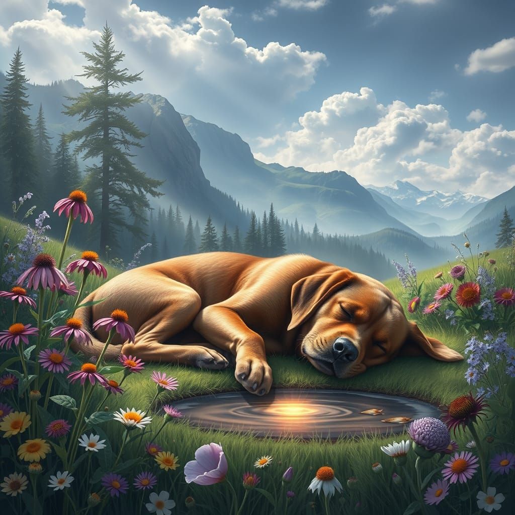 Dreamy Hybrid Creature Asleep in Ethereal Meadow