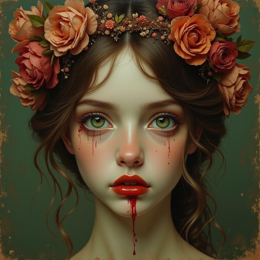 Surreal Antique Portrait of a Brunette Goddess with a Flower...