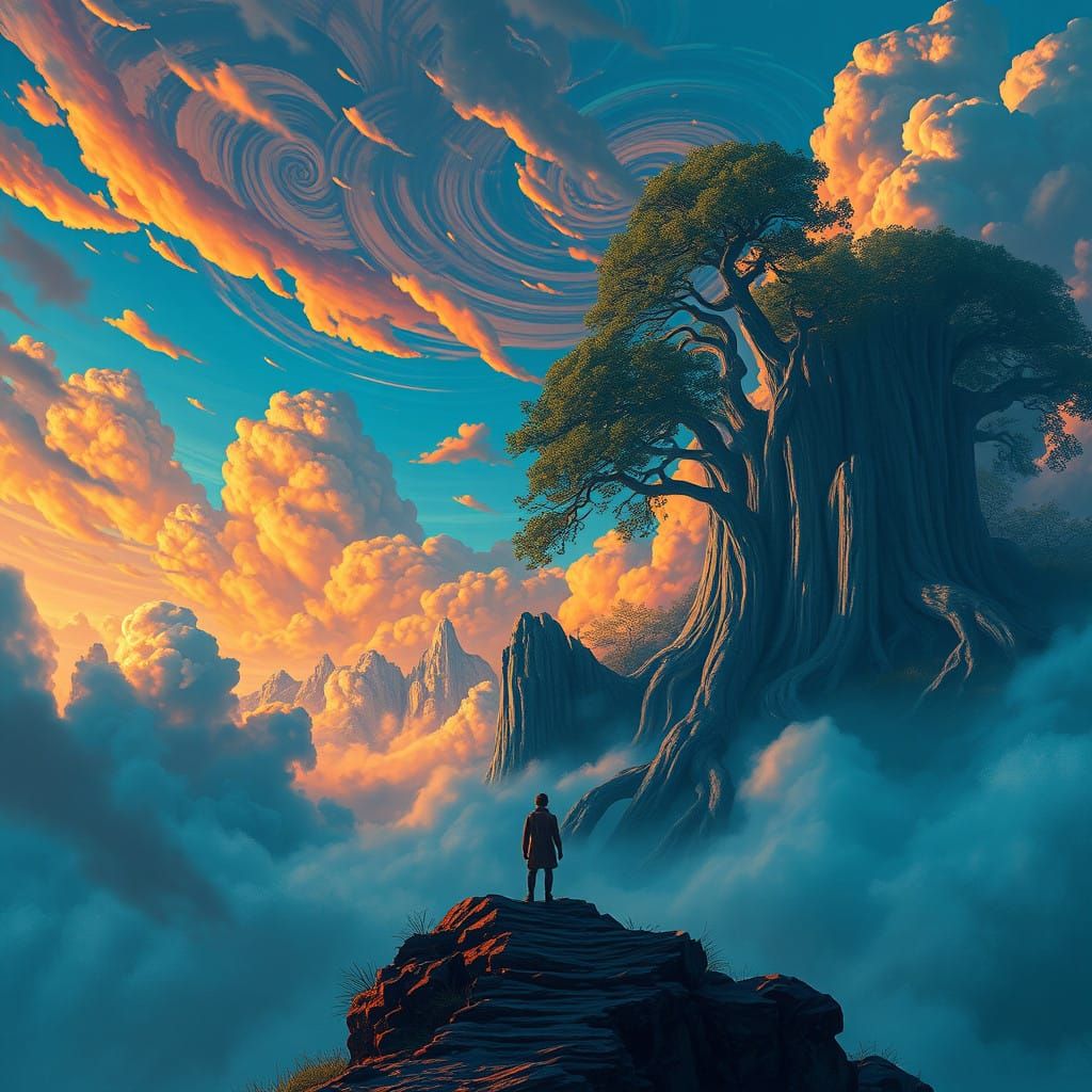 Contemplative Figure in Vibrant Dreamlike Landscape