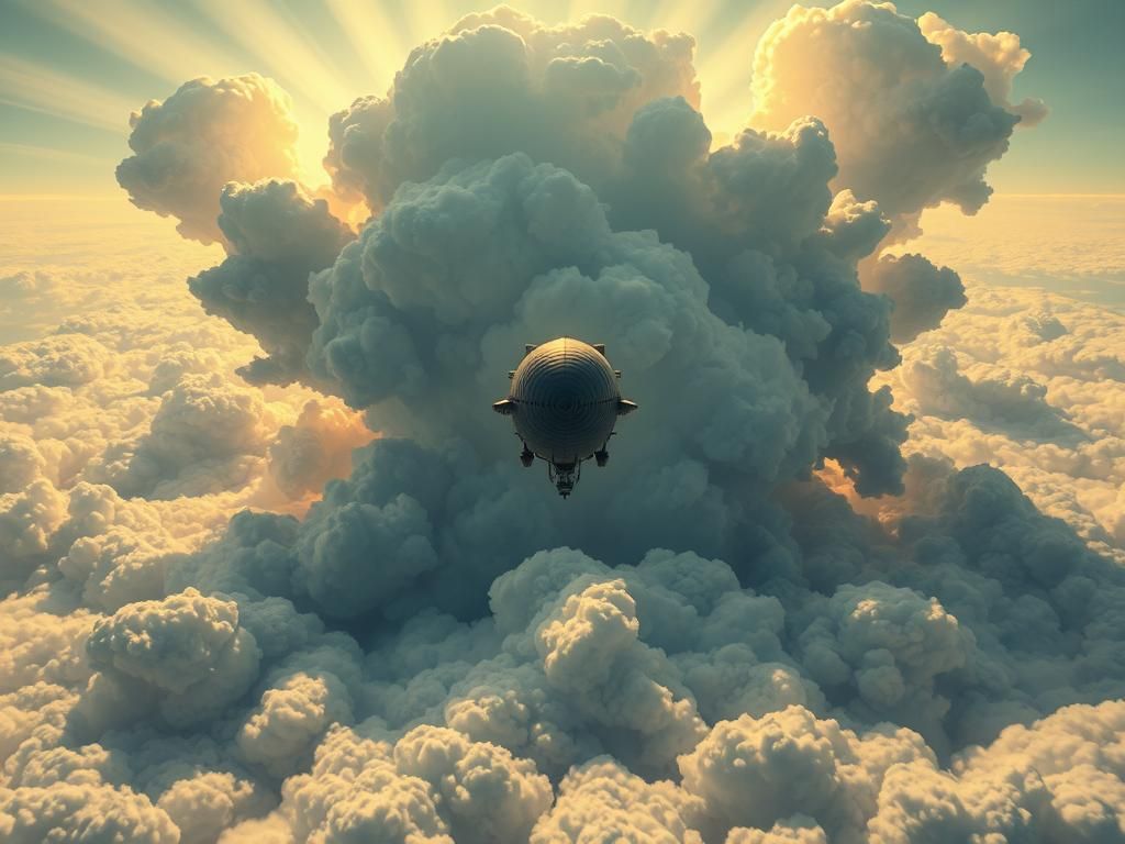 Airship Soaring Through Colossal Storm Cloud