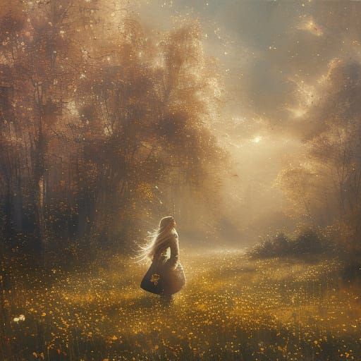 Woman in Meadow: Whimsical Watercolour Painting