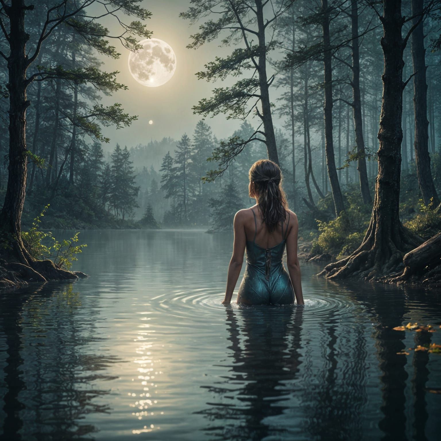 Woman Bathing in Moonlit Lake Forest Scene