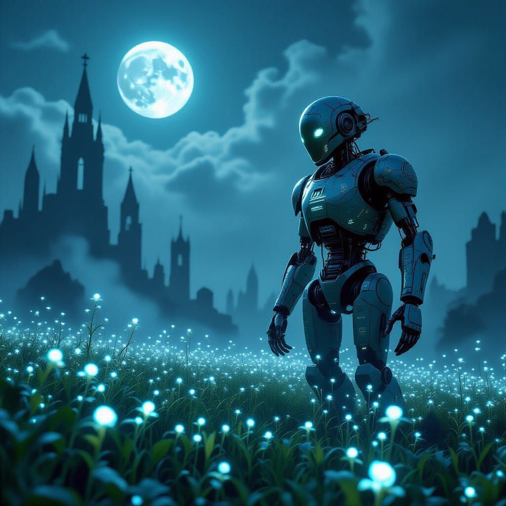 Ancient Robot in Bioluminescent Field Under Twin Moons