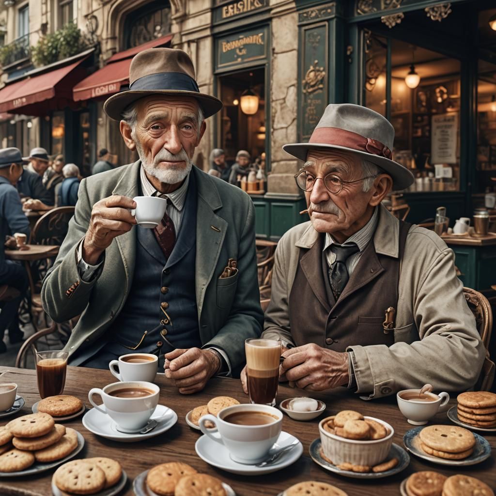 Elegant Elderly Gentlemen in a Whimsical French Cafe