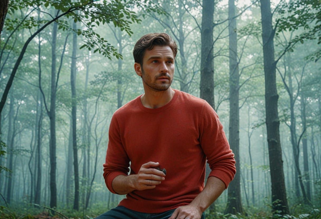 Moody Portrait of Handsome Man in Golden Hour Forest
