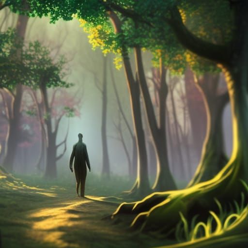 Surreal Forest Wanderer in Vivid Fantasy Landscape