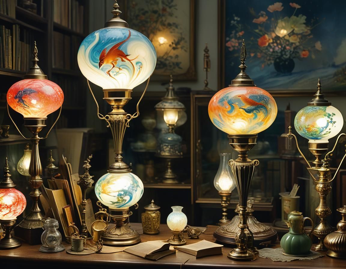 Vibrant Cinematic Lamps in a Whimsical Antique Shop