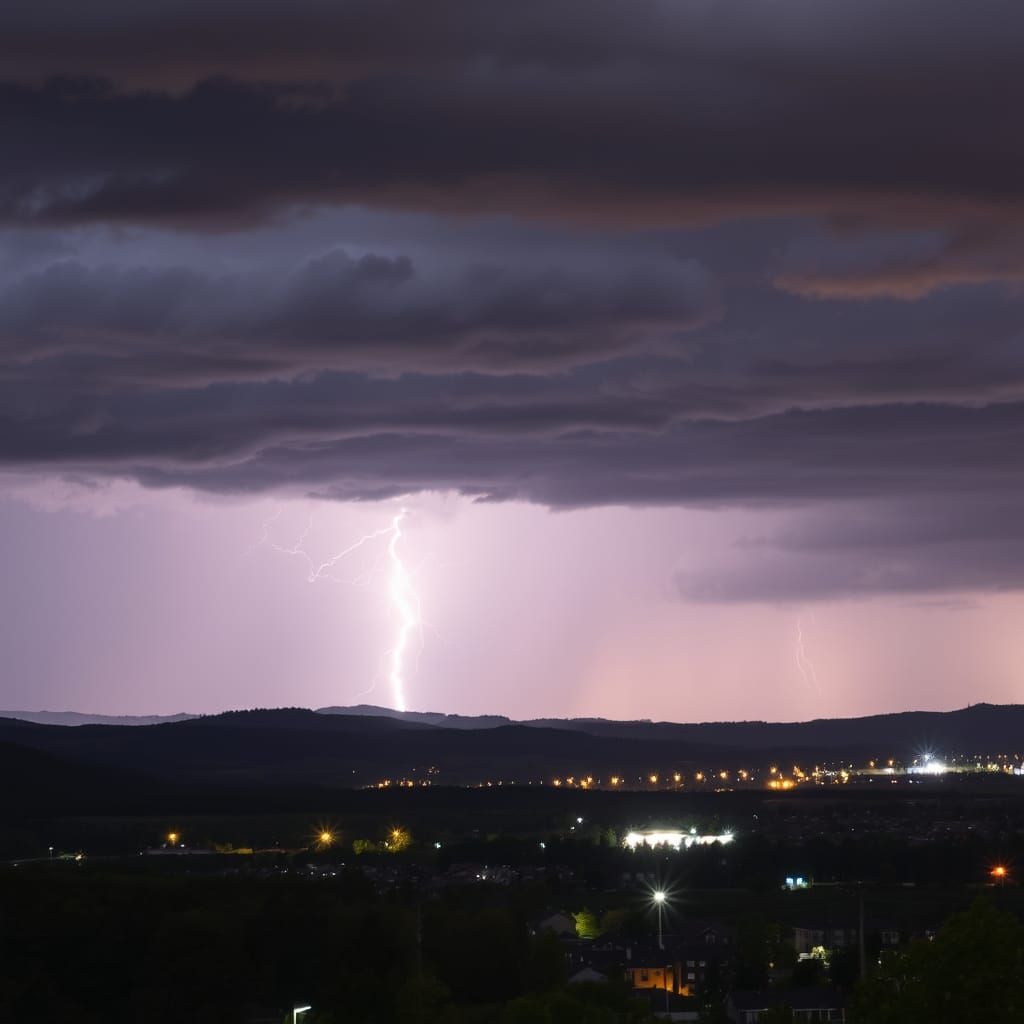 Stormy Brampton Night Skyline with Lightning Illuminating th...