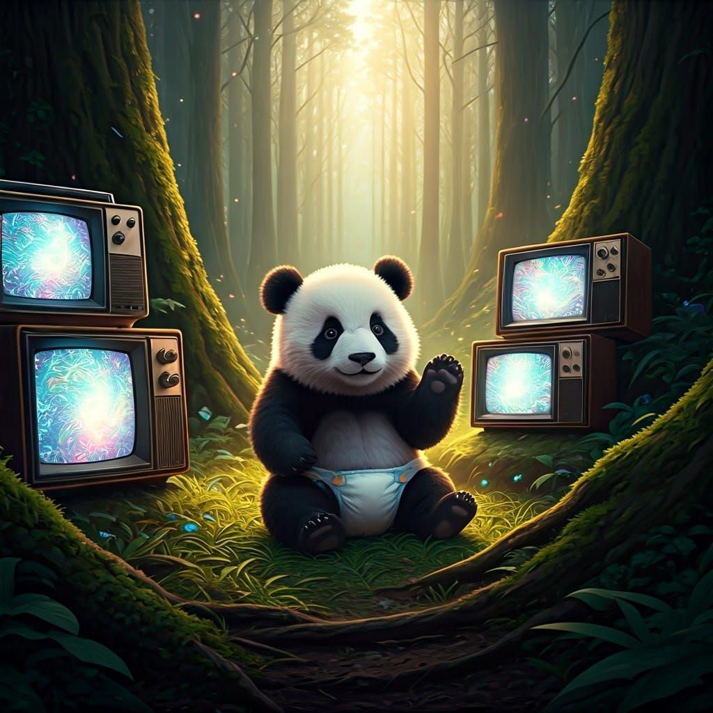 Whimsical Panda Plays in Shimmering TV Forest