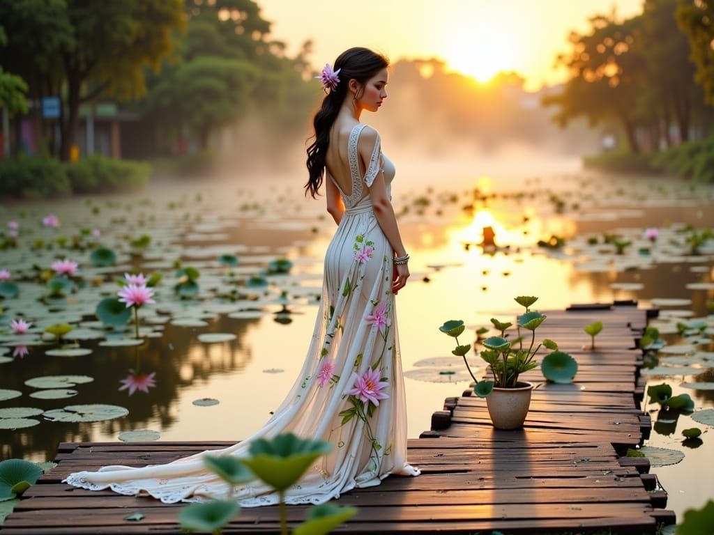 Vietnamese Woman in Ao Dai on Misty River Bridge