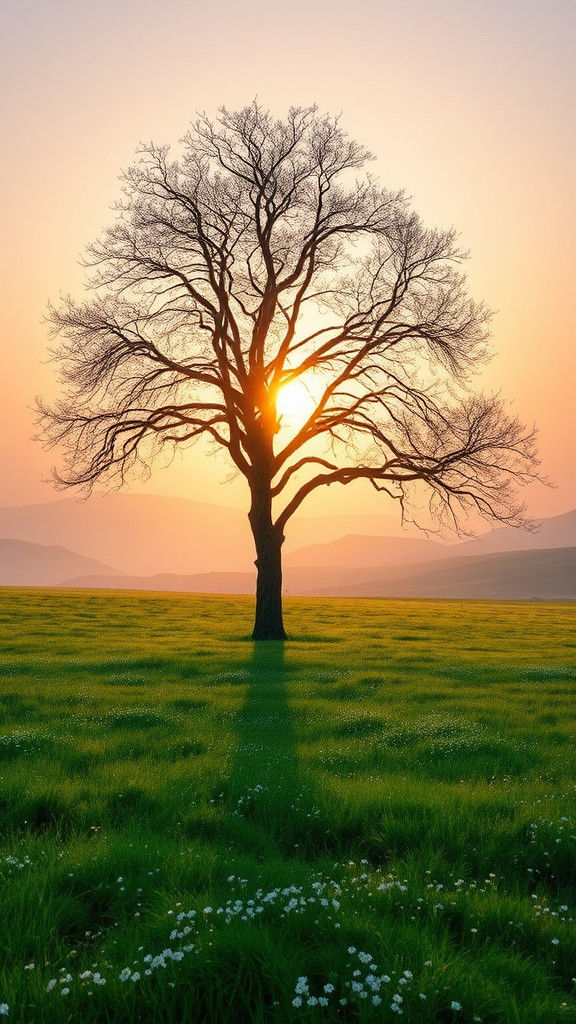 Elegant Tree Silhouette Against a Soft Morning Glow in an Em...