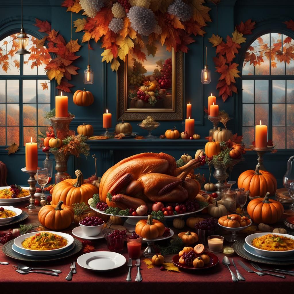 Vibrant Fantasy Thanksgiving Feast in Hyperdetailed Surreali...