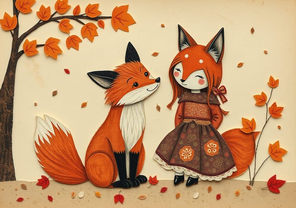 Vintage Fox and Kitsune Autumn Collage