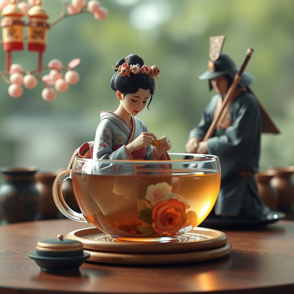 Surreal Geisha Samurai Tea Ceremony in Glass Diorama