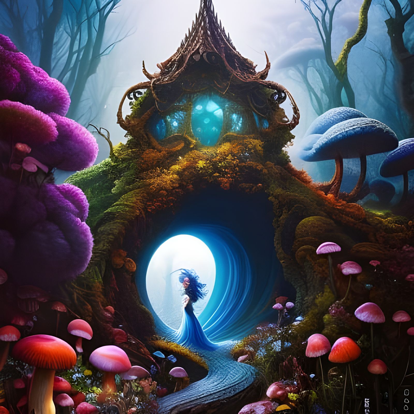 Surreal Blue Shroom Metropolis Amidst Nature's Vortex