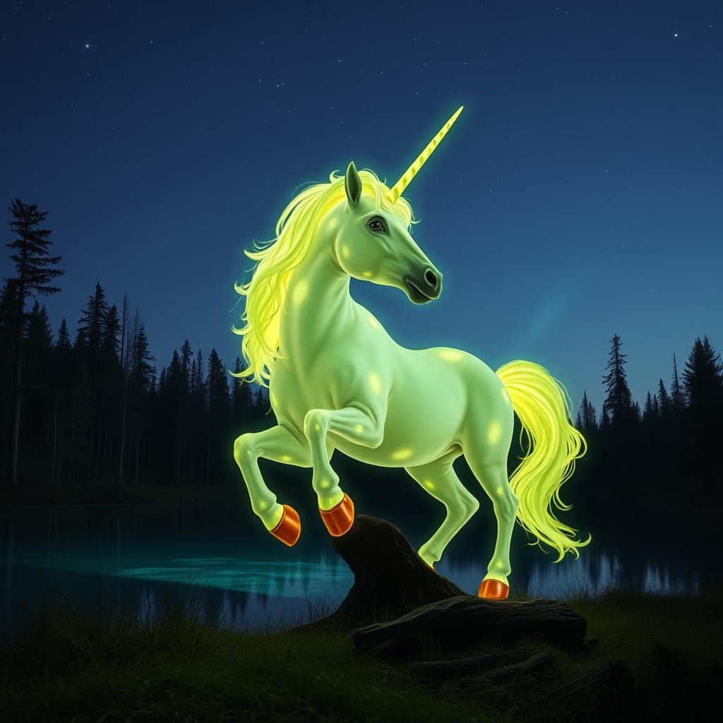 Luminous Forest Lake Unicorn in a Dreamlike Scene